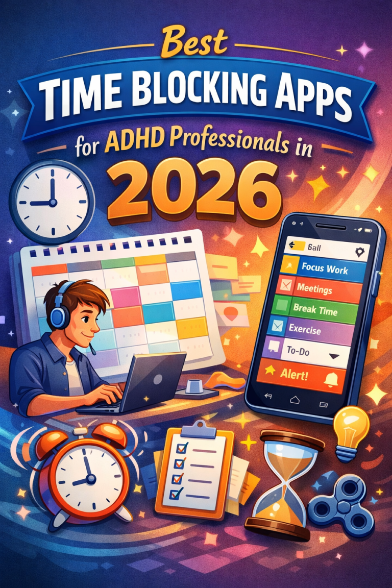 Best time blocking apps for ADHD professionals in 2026 displayed on a digital planner and smartphone calendar interface