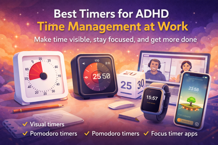 Best timers for ADHD time management at work including visual timers, Pomodoro timers, and focus timer apps