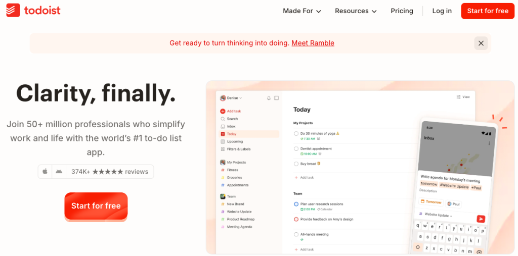 Todoist app dashboard showing task management and daily to do list for ADHD professionals to stay organized and productive