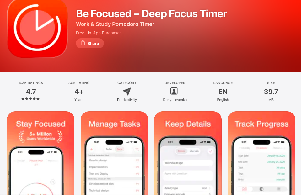 Be Focused Pomodoro timer app for ADHD productivity and time management