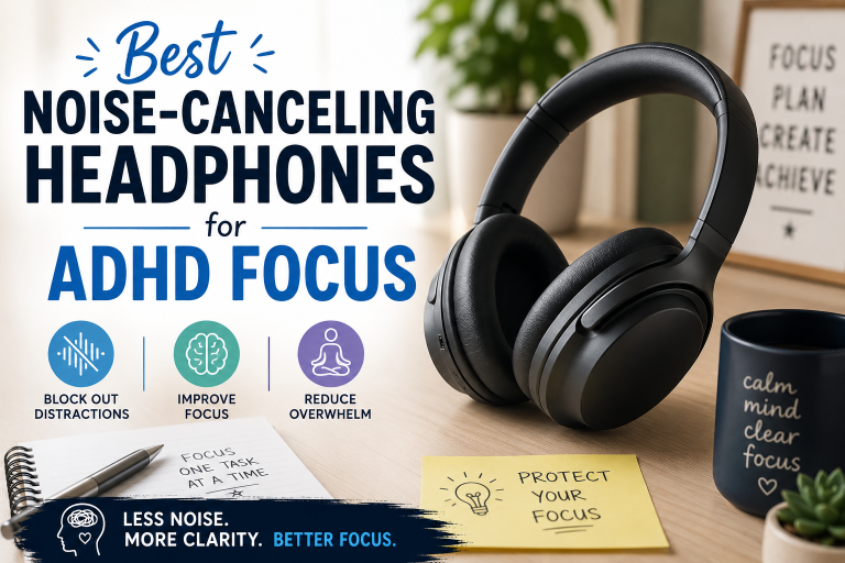 Best noise-canceling headphones for ADHD focus on a clean productivity desk setup designed to reduce distractions and improve concentration.
