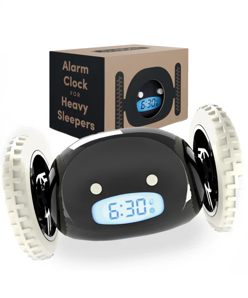 Clocky alarm clock on wheels for ADHD chronic snoozers and morning activation