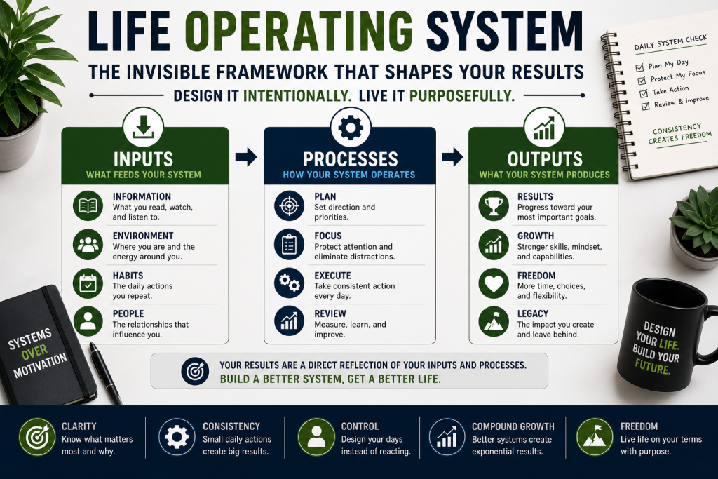 life operating system framework showing inputs processes and outputs for productivity