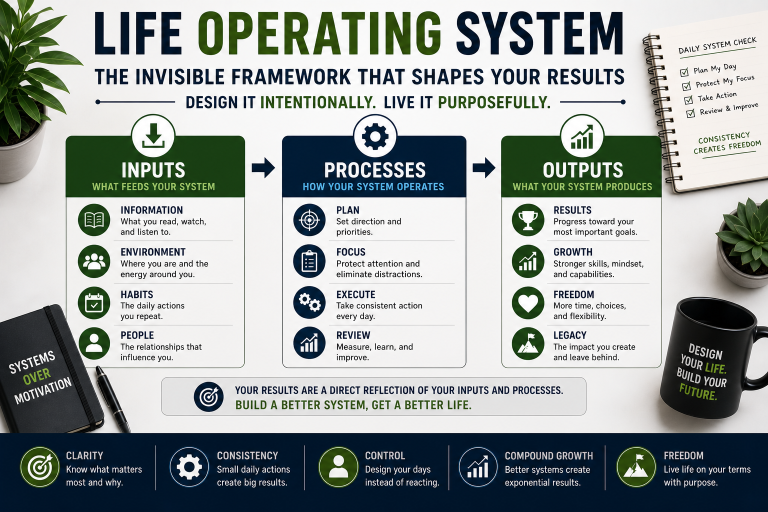 life operating system framework showing inputs processes and outputs for productivity
