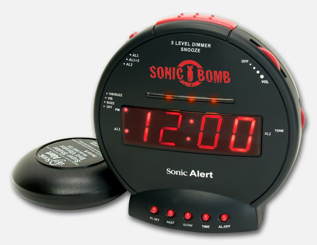 Sonic Bomb alarm clock with bed shaker for ADHD heavy sleepers and morning wake-ups