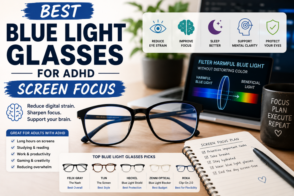 Best Blue Light Glasses for ADHD Screen Focus to reduce eye strain, improve concentration, and support productivity during long screen sessions.