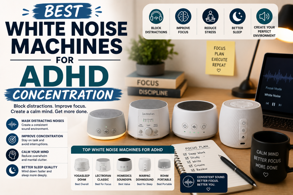 Best White Noise Machines for ADHD Concentration to block distractions, improve focus, and create a calmer work environment.