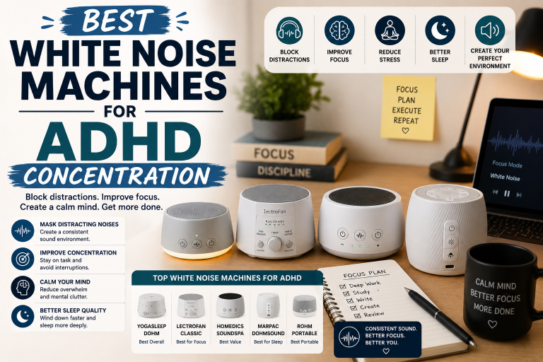 Best White Noise Machines for ADHD Concentration to block distractions, improve focus, and create a calmer work environment.