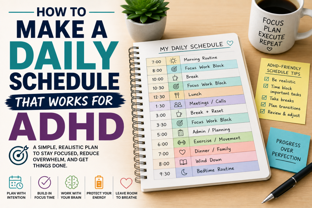 How to Make a Daily Schedule That Works for ADHD using time blocks, routines, and a simple daily planning system.