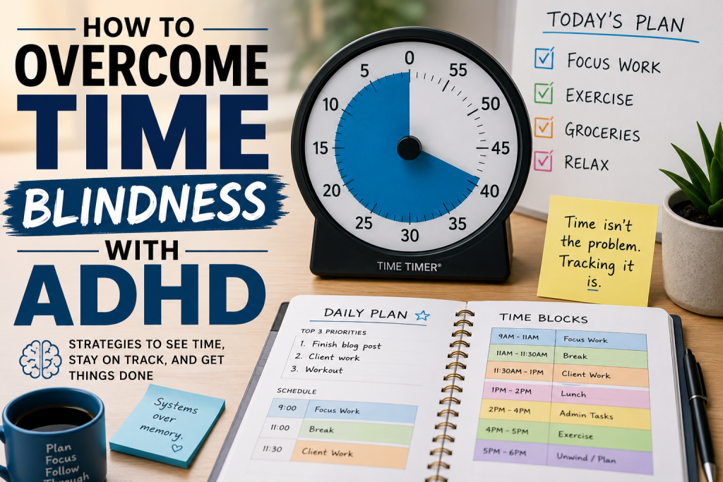 How to Overcome Time Blindness with ADHD using visual timers, planners, time blocks, and simple systems to stay on track