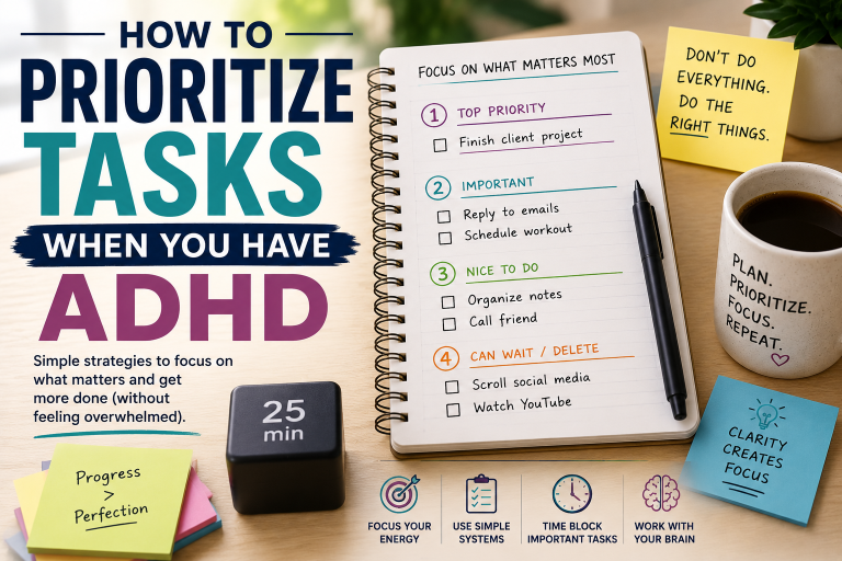 How to Prioritize Tasks When You Have ADHD using a simple priority system, time blocking, and daily planning to stay focused.