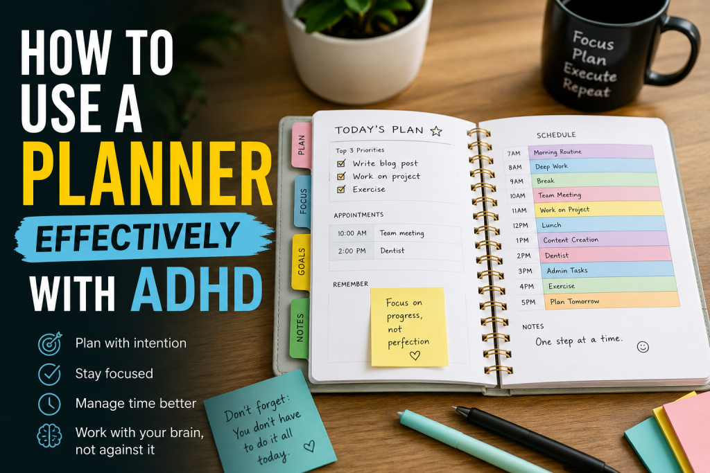 How to Use a Planner Effectively with ADHD by organizing tasks, managing time, and building a simple daily planning system.
