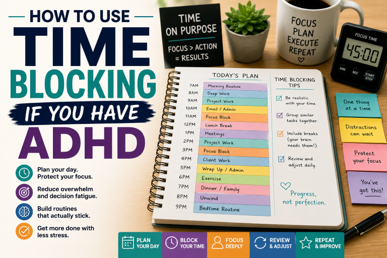 How to Use Time Blocking If You Have ADHD with a structured daily schedule, focus blocks, and ADHD-friendly productivity strategies.