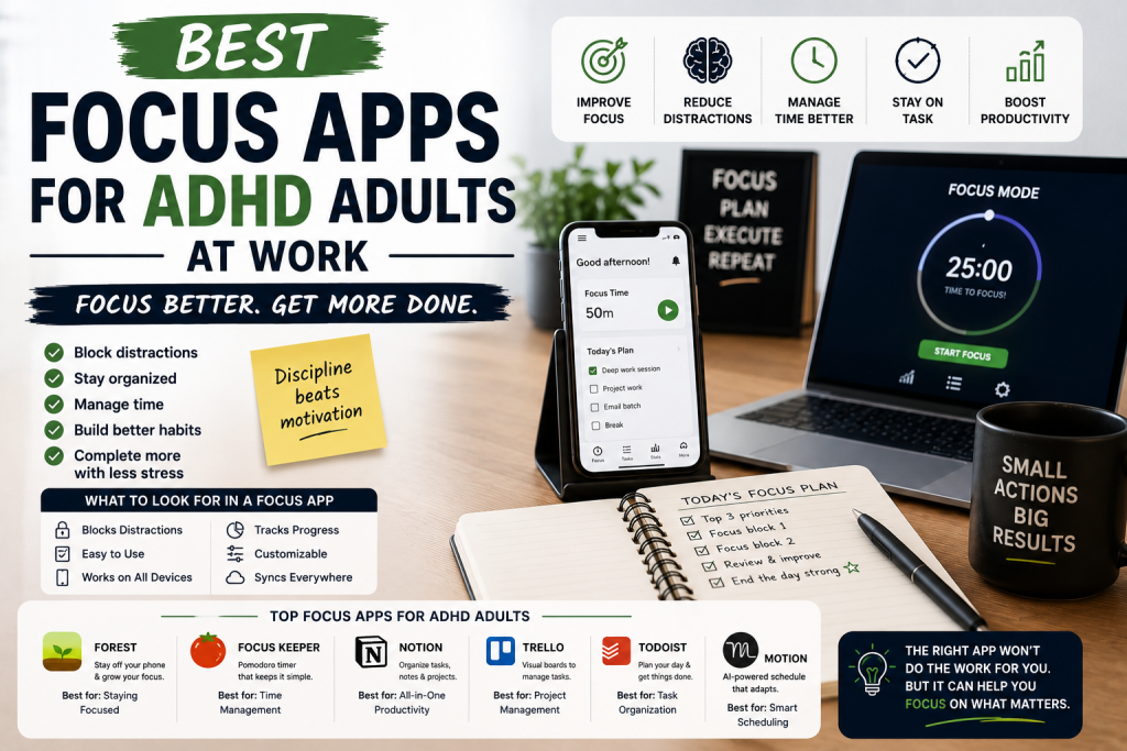 Best Focus Apps for ADHD Adults at Work to improve concentration, manage distractions, and increase productivity.