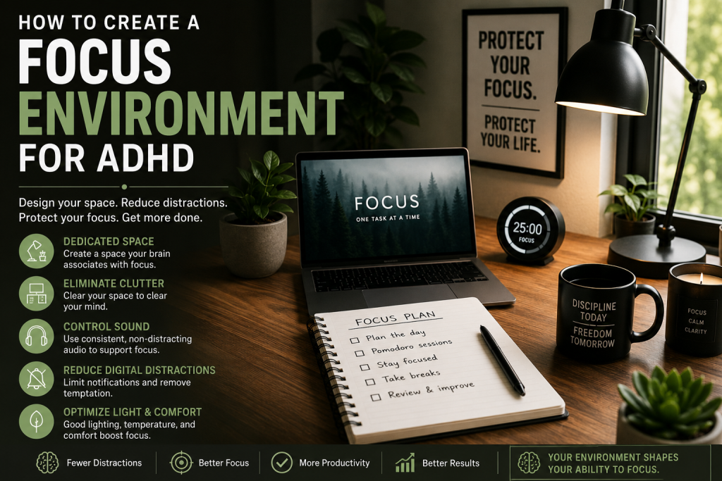 How to Create a Focus Environment for ADHD with a distraction-free workspace, better organization, and productivity tools that improve focus.