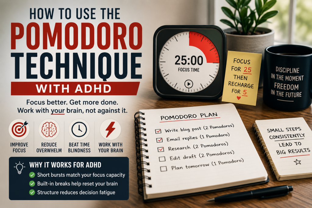 How to Use the Pomodoro Technique with ADHD to improve focus, overcome procrastination, manage time blindness, and get more done with structured work sessions.